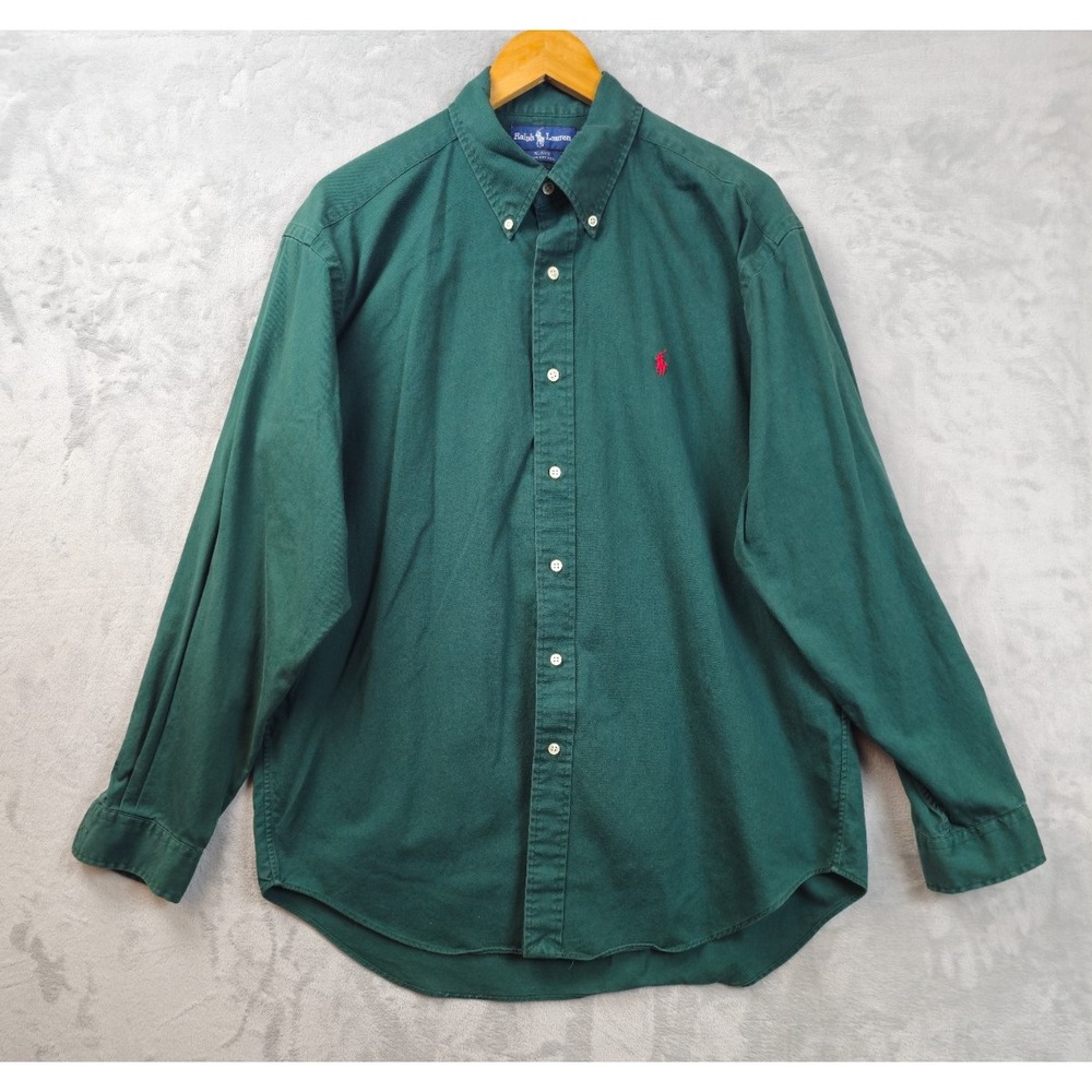 Polo Ralph Lauren Shirt Mens Large Green Solid Twill Pony Casual Retro